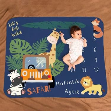 Safari Macerası Aylık | Haftalık Bebek Hediyesi Fotoğraf Çekim Battaniyesi 100X120