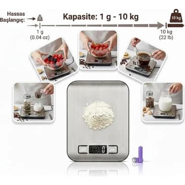 Mey İthalat Dijital Hassas Mutfak Terazisi - 10KG/1G Kapasiteli, Paslanmaz Çelik Gövde, LCD