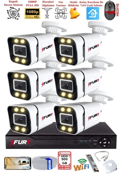 Fury 6 Kameralı 1080P Görüntü Gece Renkli Full Hd 4 x Ultra LED Gece Renkli Güvenlik Kamerası Seti