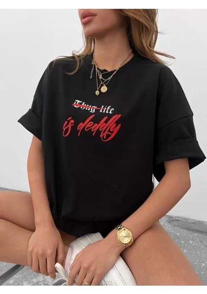 Tarz Yeri Bisiklet Yaka Baskılı Oversize T-Shirt