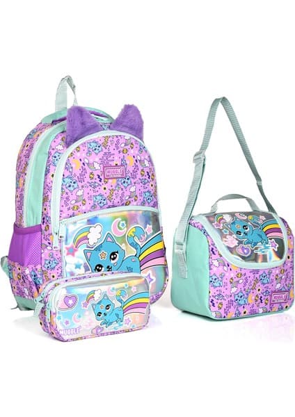 Muggle Sweet Cat Okul Sırt Çantası 3'lü Set Mor Renkli Tasarım 40 cm