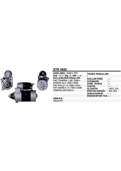 Dodo Marş Motoru 12V 1,0Kw 9 Diş Tempra Tipo Doğan Slx 98+ Palio Marea 1,6 63223101 Str4692