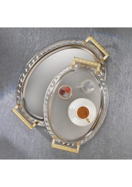 Schafer Ela 2 li Oval Çay Tepsisi Platin02 Metal Malzeme ile Şık Sunumlar İçin İdeal