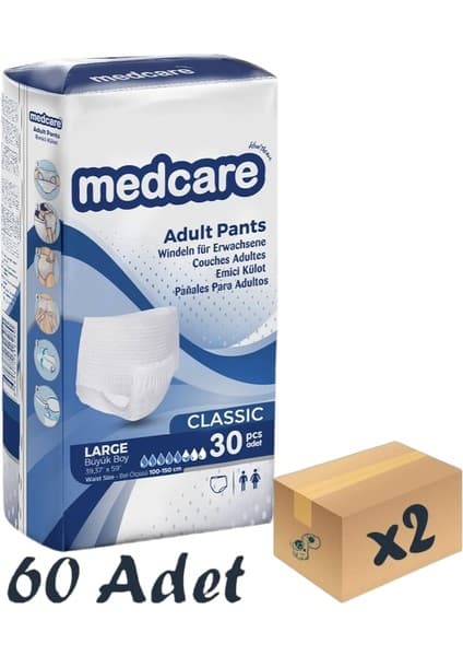 Medcare Classic Emici Külot - Yetişkin Hasta Bezi - 5,5 Damla - Large Beden - 30'lu Paket x 2