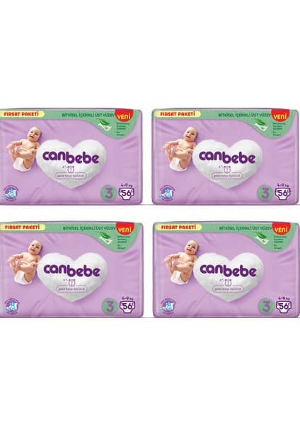 Canbebe Bebek Bezi Fırsat Paketi 3 Beden Midi (4-9 kg) 56'lı x 4