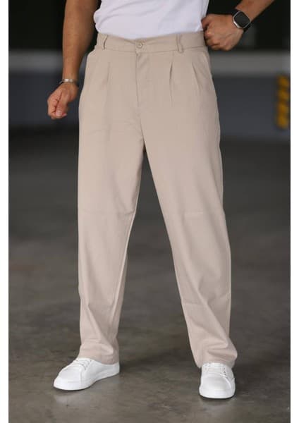 Bürke Baggy Çift Pileli Krem Renk Beli Lastikli Kaliteli Rahat Kesim Klasik Bol Paça Baggy