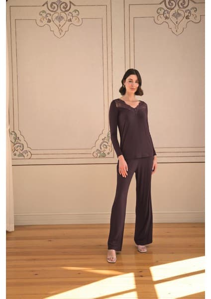 Monamise Kadın Uzun Kollu ve Dantelli Pijama Takımı