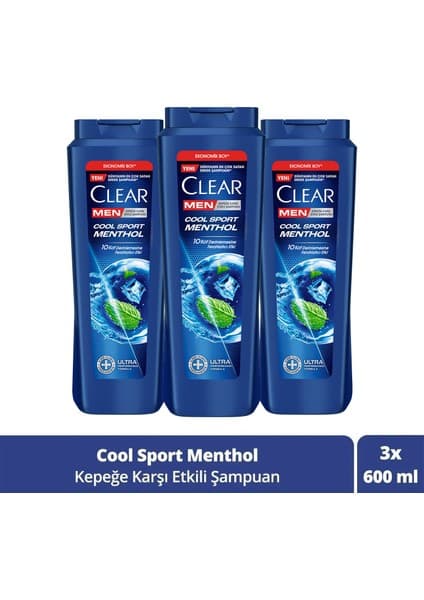 Clear Men Cool Sport Menthol 600 ml x3 Kepeğe Karşı Etkili Şampuan Erkekler İçin Özel