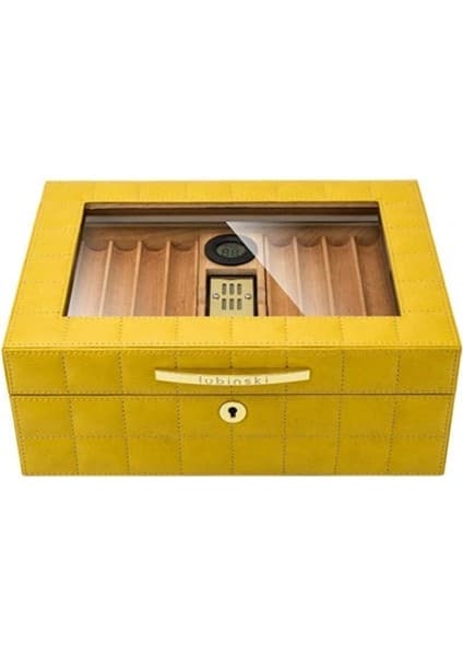 Lubinski Deri Camlı Humidor Puro Kutusu Sarı