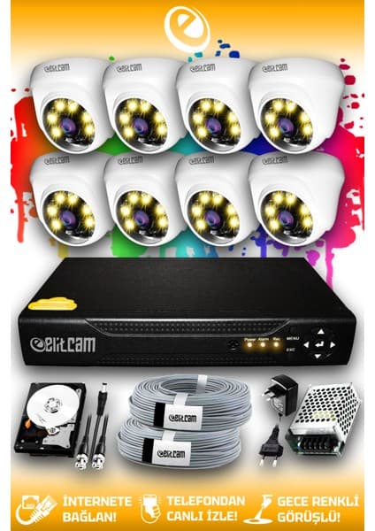 Elitcam 8 Kameralı Dome 8 Iç Kamera Set 320 GB HDD Full Hd