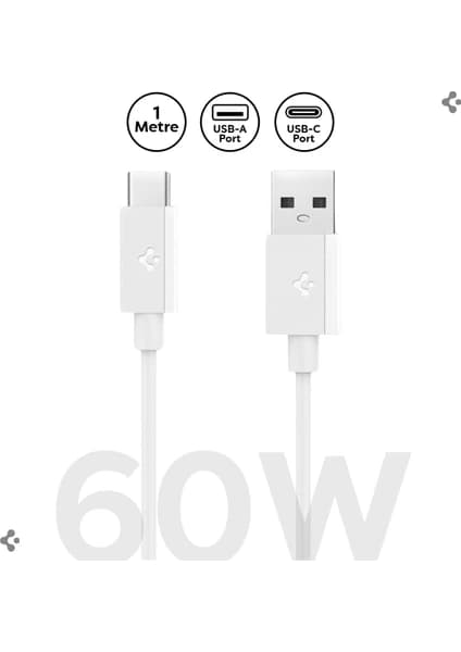 Spigen USB-A to USB-C 1 Metre Kablo 60W Güç / Hızlı Şarj / 480 Mbps Data Aktarım Hızı Type-C Ekstra Dayanıklı White - ACA08715