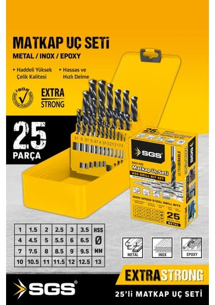 SGS1420 25 Parça Hss Matkap Ucu Seti Metal Standlı