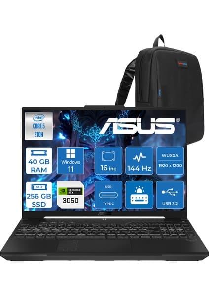 Asus Tuf Gaming F16 FX607VJ Intel Core 5-210H 40GB 256GB SSD RTX3050 6gb 16 Inç Wuxga 144Hz IPS