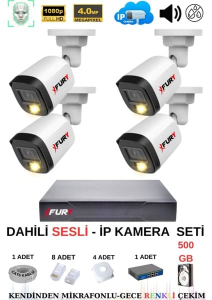Fury Ip Güvenlik Kamera Seti 4 Kameralı Sesli 4mp Gece Renkli Su Geçirmez IP5515S