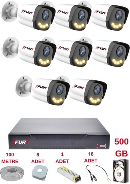 Fury 8 Kameralı 4 Warm LED Gece Renkli Görüş-Cepten Izle-Su Geçirmez Güvenlik Kamerası Seti