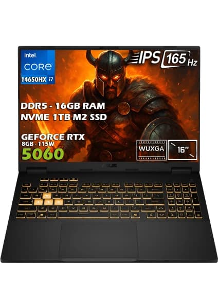 ASUS TUF Gaming F16 FX608JMR-RV024-Gaming Intel Core i7 14650HX 16GB 1TB SSD RTX5060 8GB 115W 16" WUXGA 165Hz IPS Panel Freedos Taşınabilir Bilgisayar