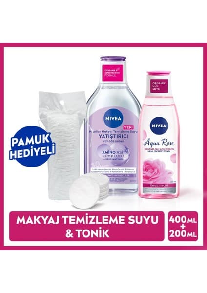 NIVEA Yatıştırıcı Micellar Makyaj Temizleme Suyu 400 ml ve Aqua Rose Nemlendirici Tonik 200ml