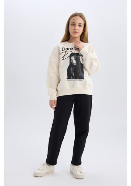 DeFacto Siyah Straight Fit Düz Kesim Beli Lastikli Pantolon Kız Çocuk