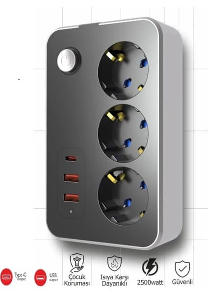 Winnboss Termal Akım Korumalı USB 2.1A Şarj Çıkışlı 10A 2500W 3'Lü Uzatma Grup