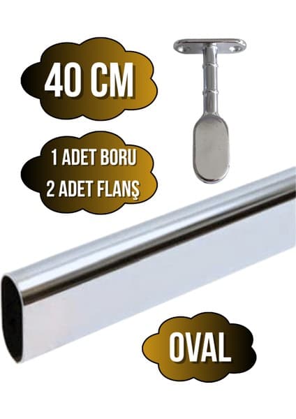 DS Yapı Metal Oval Krom Mobilya Dolap Askı Borusu(Krom)(Oval)(2 Adet Ayaklı Kapalı Flanş-1 Adet