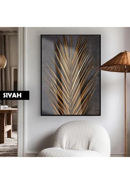 Harikabirev|siyah Altın Yaprak Palmiye Macro Model|çerçeveli Temperli Cam Tablo Tekli