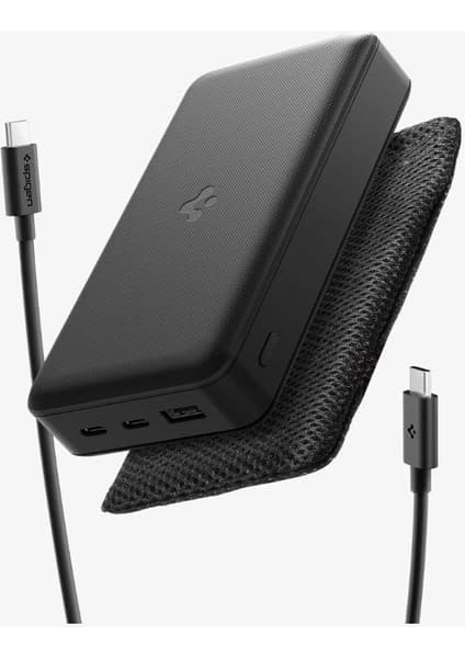Spigen 30000 mAh 30W USB-C + USB-A Giriş / Çıkış Hızlı Şarj 3 Portlu Powerbank / 1 Metre Type-C Harici Kablolu Taşınabilir Şarj Cihazı + Taşıma Çantası Dahil EA3030 Black - ABA09435