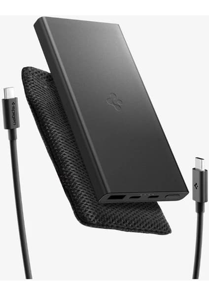 Spigen 10000 mAh Slim Alüminyum Kasa 22.5W USB-C + USB-A Giriş / Çıkış Hızlı Şarj 3 Portlu Powerbank / 1 Metre Type-C Harici Kablolu Taşınabilir Şarj Cihazı + Taşıma Çantası EA2210 Black - ABA09431