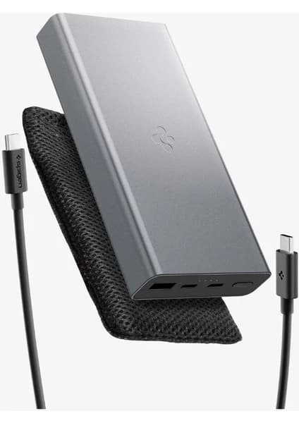 Spigen 20000 mAh Alüminyum Kasa 30W USB-C + USB-A Giriş / Çıkış Hızlı Şarj 3 Portlu Powerbank / 1 Metre Type-C Harici Kablolu Taşınabilir Şarj Cihazı + Taşıma Çantası EA3020 Gray - ABA09434
