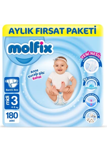 Molfix Bebek Bezi 3 Beden Midi Aylık Fırsat Paketi 180