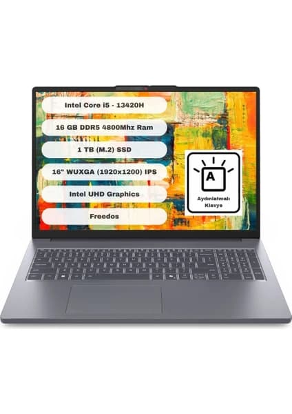 Lenovo Ideapad Slim 3 16IRH10 Intel Core I5 13420H 16GB 1TB SSD Freedos 16” Wuxga 83K20077TR