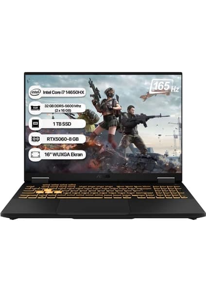 Asus Tuf Gaming F16 FX608JMR-RV078 Intel Core I7 14650HX 32GB 1 Tb SSD RTX5060-8GB 115W Freedos 16" 165Hz Wuxga Taşınabilir Bilgisayar