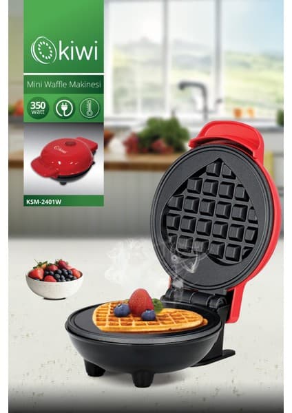 Kiwi KSM-2401W Mini Waffle Makinesi 350W Kalp Yüzey Şekilleri Yapışmaz Plaka Özelliği