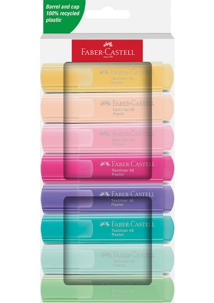 Faber-Castell Fosforlu Kalem Seti, 8’li, Pastel Renkler, Su Bazlı Mürekkep, Kesik Uç, 3 Farklı