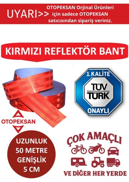 Fosfor Şerit Bant - Reflektör Bant - 50 Metre Kırmızı -