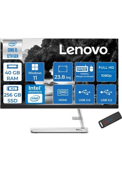 Lenovo Ideacentre Aıo 3 24IAP7 Intel Core I5 12450H 40GB 256GB SSD WIN11PRO 23.8" Fhd (1920X1080)