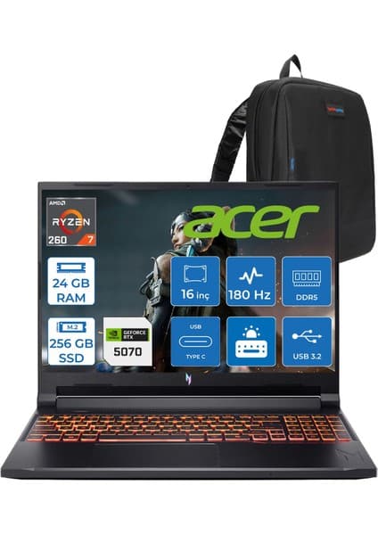 Acer Nitro V 16S Aı Amd Ryzen™ 7 260 24GB Ddr5 256GB SSD 8GB/RTX5070 95W 16"qhd+ 2560X1600 180Hz