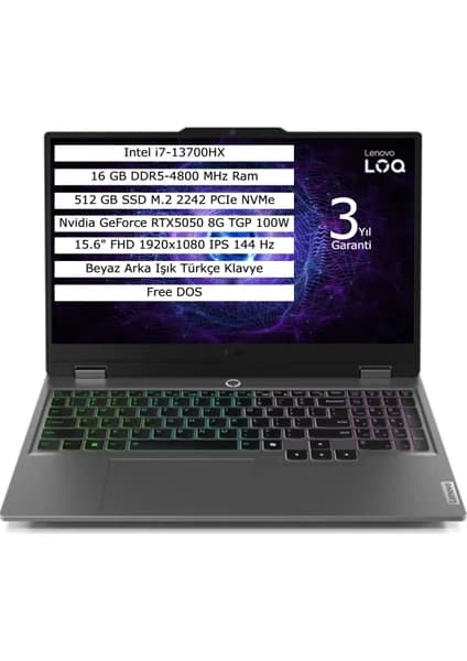Lenovo Loq 15IRX10 Intel Core I7-13700HX 16GB 512GB SSD 8gb RTX5050 Freedos 15.6" Fhd Taşınabilir Bilgisayar 83JE00KMTR