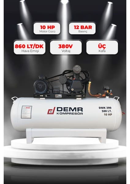 Demr Kompresör Hava Kompresörü Pistonlu 500 Lt 3 Kafa 12 Bar 10 Hp