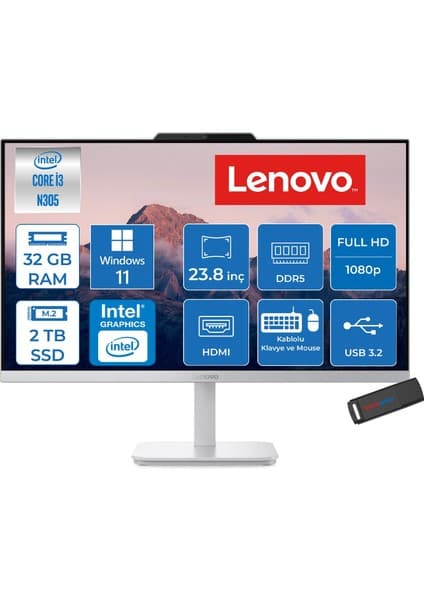 Lenovo A100 Intel Core I3-N305 3.8ghz 32GB 2tb SSD Intel® UHD Graphics 23.8" Fhd (1920X1080) IPS