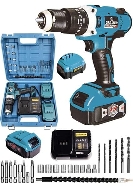 Graizer Alman 58 V 5 Ah 13 mm Metal Mandren Darbeli Çift Akülü Vidalama Matkap + 27 Parça Pro Set