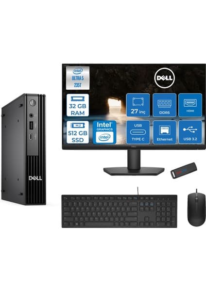 Dell Pc Pro Mıcro QCM1250 Intel® Ultra 5 235T 32GB Ddr5 512GB SSD Intel® Graphicsdell 27 Inç Fhd