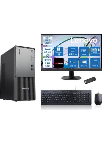 Lenovo Thinkcentre Neo 50T Gen5 Intel Core I5 14400 32GB Ddr5 1tb SSD 23.8 Inç Monitör Windows 11