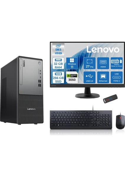 Lenovo Thinkcentre Neo 50T Gen5 Intel Core I5 14400 32GB Ddr5 256GB SSD 27 Inç Monitör Windows 11