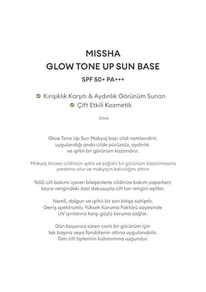 Mıssha Glow Tone Up Sun Base SPF50 PA Pürüzsüz Aydınlık Işıltılı Görünüm Sunan Makyaj Bazı 50