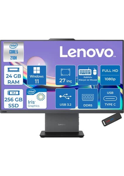 Lenovo Thinkcentre Neo 50A 27 Gen5 Intel Core 5 210H 4.8ghz 24GB Ddr5 256GB SSD Windows 11 Pro