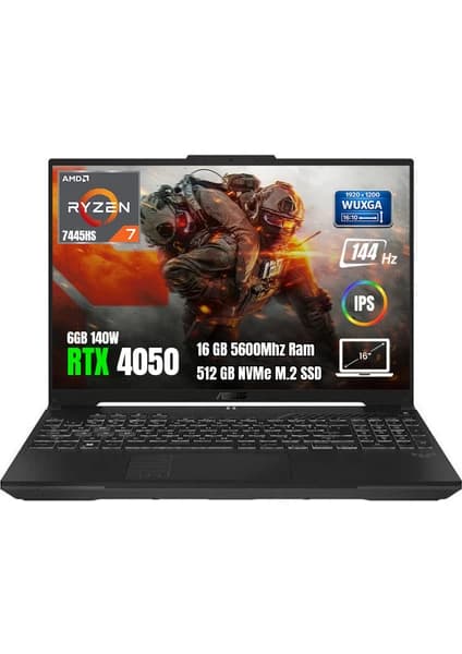 Asus Tuf Gaming A16 FA607NUG-RL208 Amd Ryzen7-7445HS 16GB 512GB SSD RTX4050-6GB 140W 16" Wuxga 144Hz Freedos Taşınabilir Bilgisayar