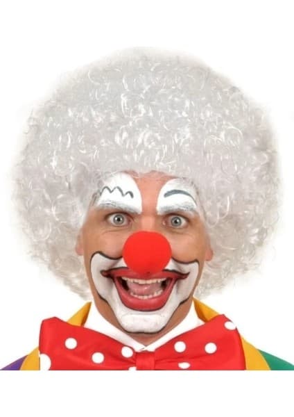 Magicool Beyaz Renk Kıvırcık Afro Bonus Peruk Saç ve Kırmızı Sünger Burun