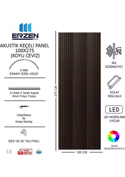 Erzen Door Koyu Ceviz Vestiyer Tv Ünitesi Akustik Panel Mdf