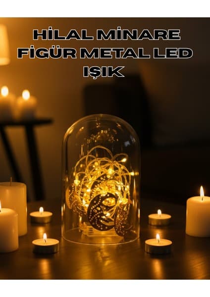 Astraltech Ramazan Minare Detaylı Hilal LED Işık Günışığı Sarı Metal