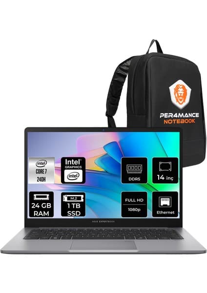 Asus Expertbook P1 Core 7 240H Notebook 24GB RAM 1TB SSD 14" FHD FreeDOS + Per4 Çanta